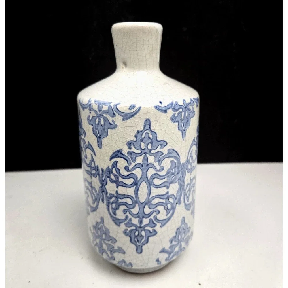 Blue and White Terracotta Vase Distressed Finish Floral Scroll Shabby Chic 7.5" - Picture 5 of 9